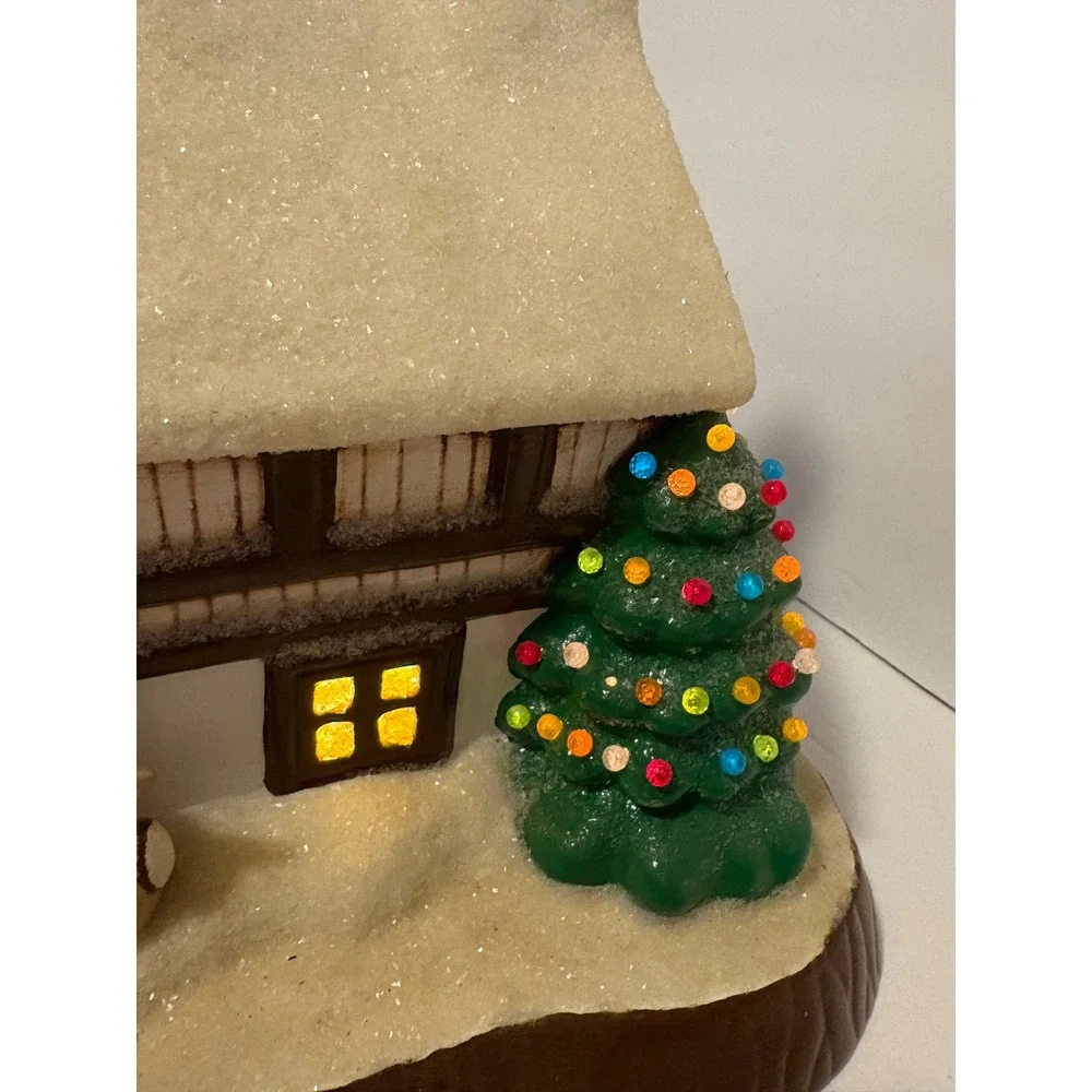 Vintage Lighted Ceramic Christmas House Santa Deer Snow‎ Chalet Decor